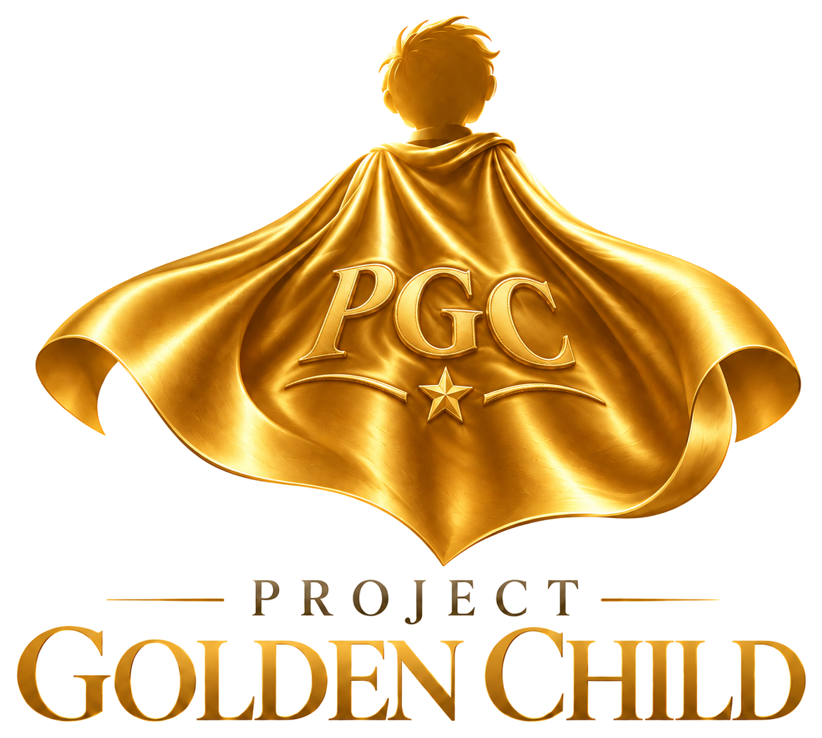 Project Golden Child golden superhero cape logo